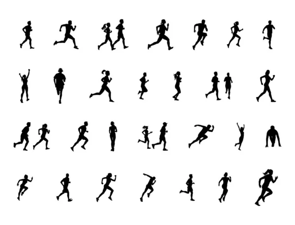 Het Runnen Van Mensen Silhouetten Collectie Running Man Vrouw Silhouetten — Stockvector