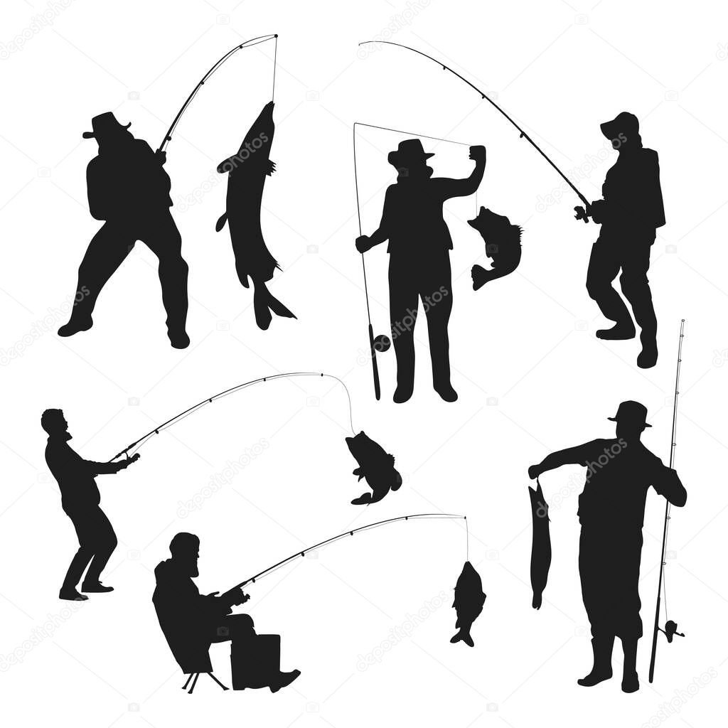 Fishing silhouette, Fishing man silhouette set, Fishing man vector