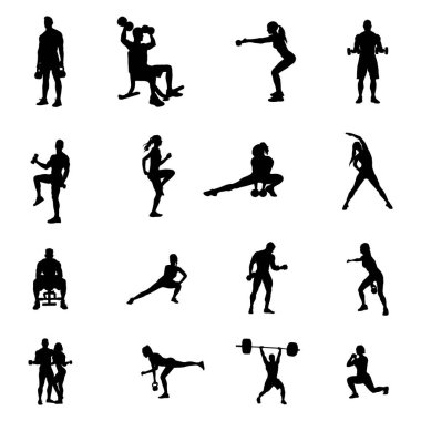 Spor salonu siluetleri, fitness egzersiz siluetleri.