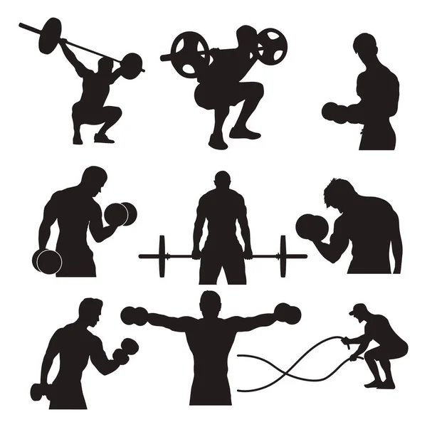 Silhouettes Fitness Homme Gymnase Silhouettes Exercice Dans Différentes Poses — Image vectorielle