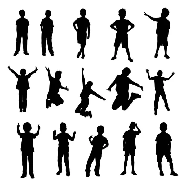 Chlapecké Siluety Zasazené Různých Pohybů Kolekce Dětských Siluet Různých Pózách — Stockový vektor