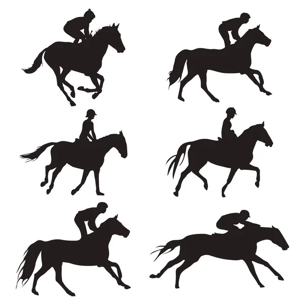 Jockey Reiten Pferd Silhouette Jockeys Silhouette Set — Stockvektor