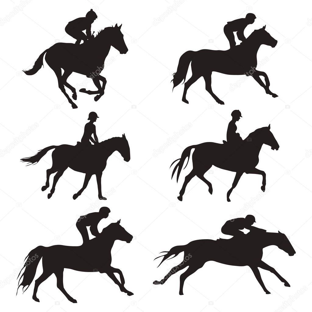 Jockey riding horse silhouette, jockeys silhouette set