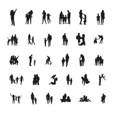 Aile siluetleri, mutlu aile siluetleri, çocuk siluetleri olan anne ve baba.