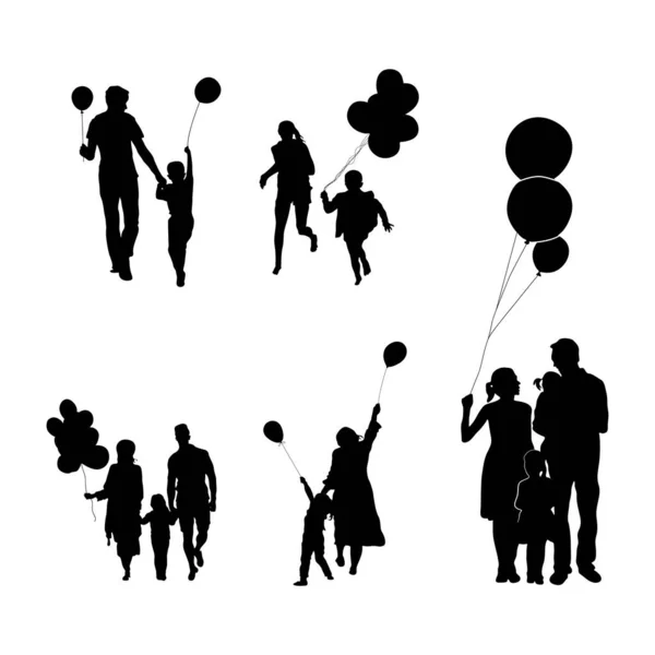 Gelukkige Familie Met Ballonnen Silhouetten Familie Holdings Ballonnen Silhouetten — Stockvector