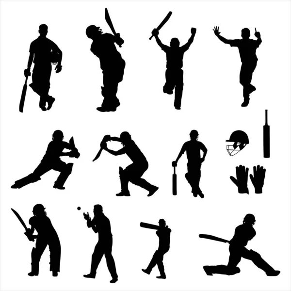 Cricket Player Silhouettes Collection Set Cricket Players Silhouette — Stock Vector