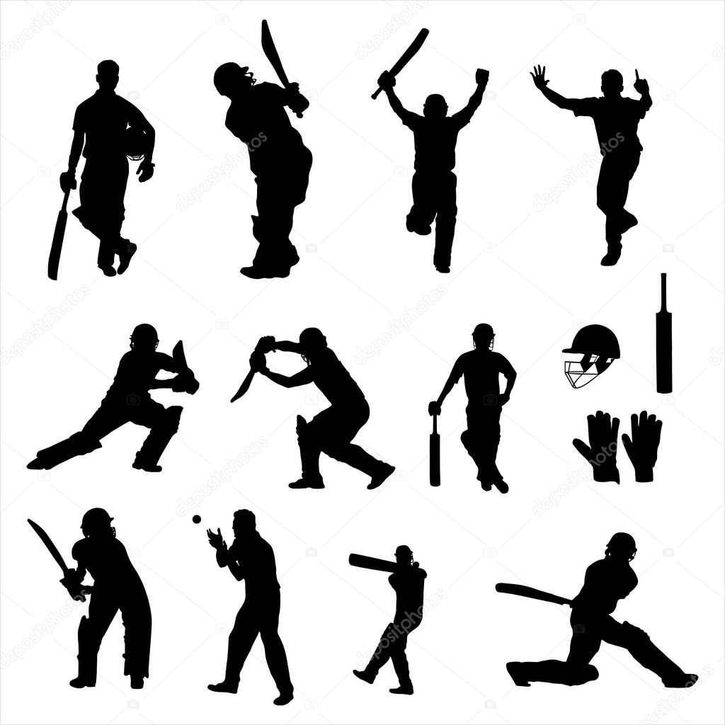 Cricket player silhouettes Collection, Set of cricket players' silhouette
