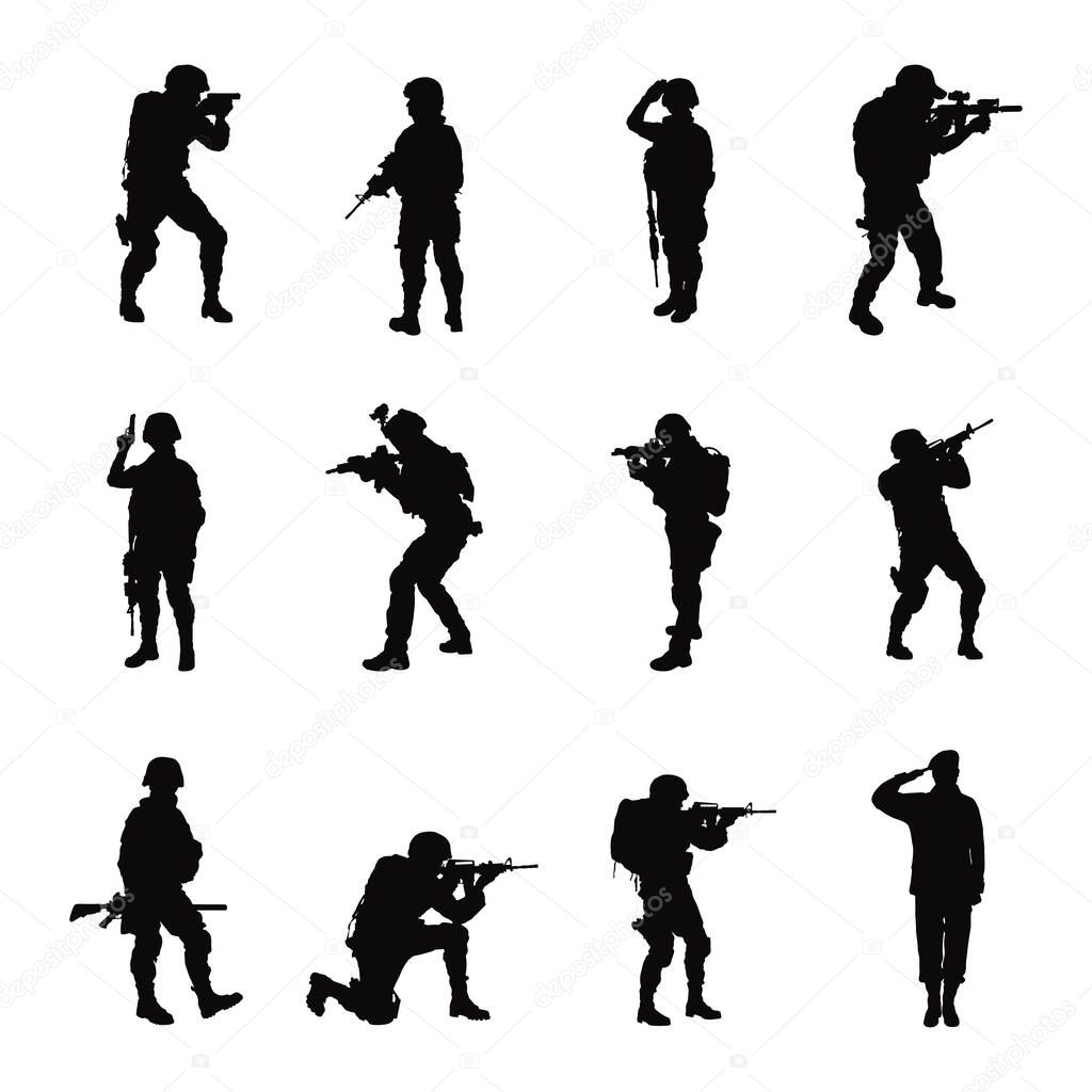 Soldier silhouettes, Military soldier silhouette set .