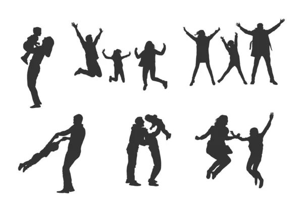 Happy Jumping Family Silhouet Jumping Family Silhouet Jumping Silhouet Happy — Stockvector