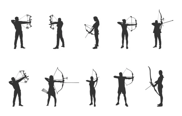 Archery Silhouettes Man Archery Silhouette Woman Archery Silhouette — Stock Vector