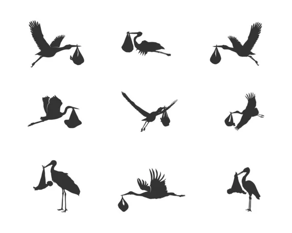 Stork Bär Baby Siluett Flygande Stork Bär Baby Siluett Stork — Stock vektor