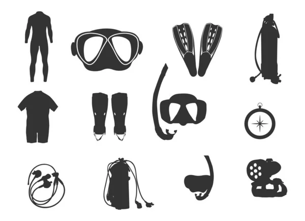 stock vector Diving equipment silhouette, Scuba diving equipment silhouette, Equipment silhouette, Diving element vector, Snorkeling gear icons.