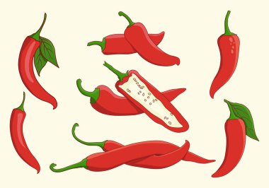 Chili biber vektör illüstrasyonu, Chili illüstrasyonu, Chili biber logosu seti, Chili biber vektörü, Chili ikonu, Hot chili illüstrasyonu