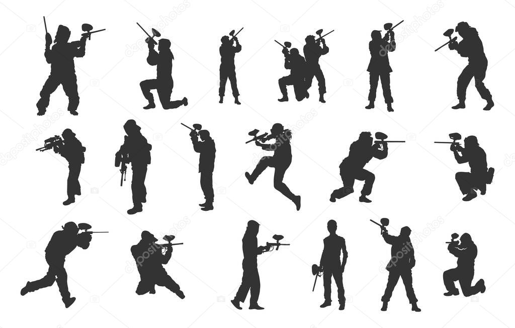 Paintball player silhouettes, Paintball player svg, Paintball player clipart, Paintball silhouettes, Paintball player vector illustration.