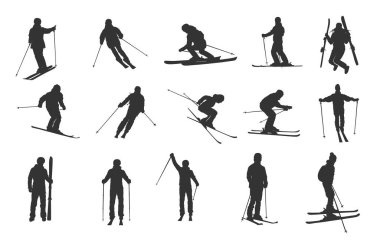 Kayak silueti, kayak silueti, kayak silueti, kayak vektörü seti, kayak svg, snowboard silueti, kış sporu silueti.