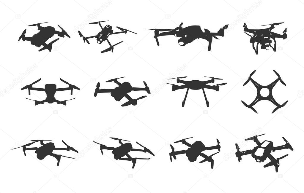 Flying drone silhouette, Drone silhouettes, Flying drone svg, Flying drone vector illustration, Drone silhouette, Drone vector set