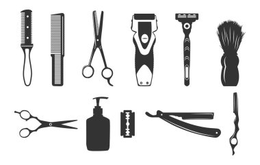 Berber aletleri silueti, berber aletleri svg, berber dükkanı araçları svg, kuaför malzemeleri seti, berber malzemeleri silueti, salon araçları silueti, kuaför araçları simgeleri ayarlandı.