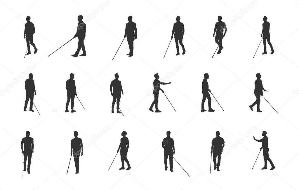 Blind man walking svg, Blind man svg, Blind man walking silhouette, Blind man silhouette, Blind people walking silhouette, Blind people walking svg, Blind man vector set