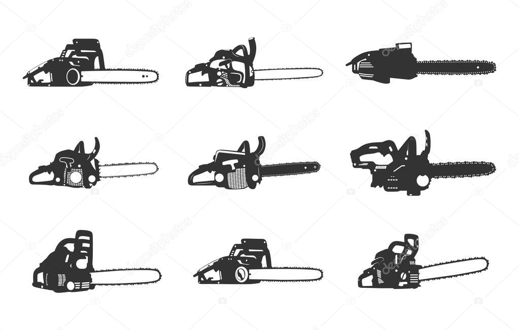 Chainsaw svg, Chainsaw silhouette, Chain saw icon, Chain saw vector set, Chainsaw illustration, Chainsaw clipart.