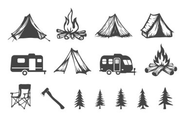Kamp ateşi silueti, kamp ateşi silueti, kamp çadırı, araba, sandalye, balta svg, kamp ateşi vektör demeti.. 