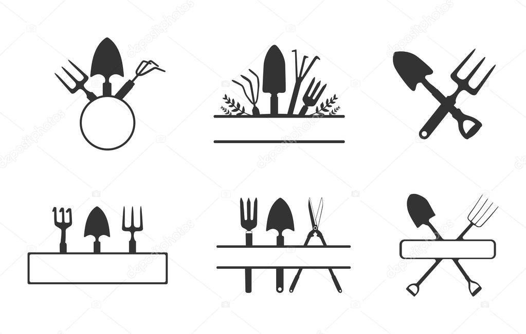 Garden split monogram frame svg, Garden tools monogram svg, Garden tools monogram, Gardening tools logo, Garden split monogram vector.