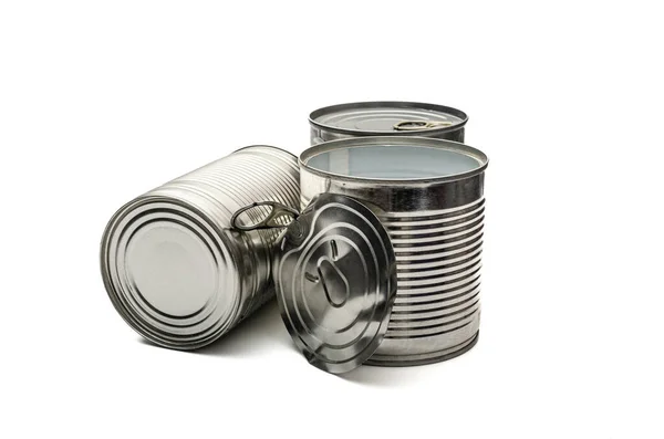 Close Various Metal White Tin Can White Background Separated Shot — Stock Photo, Image