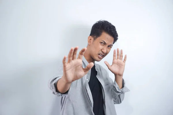 Attractive Asian Man Makes Frightened Gesture Palms Defends Himself Someone — Stock Photo, Image