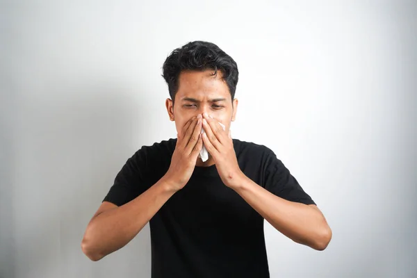 Ung Man Har Allergier Hosta Och Nysningar Allergisk Mot Damm — Stockfoto