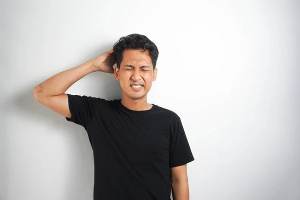 Portrait Man Hands His Head Front White Background — Stock Photo, Image