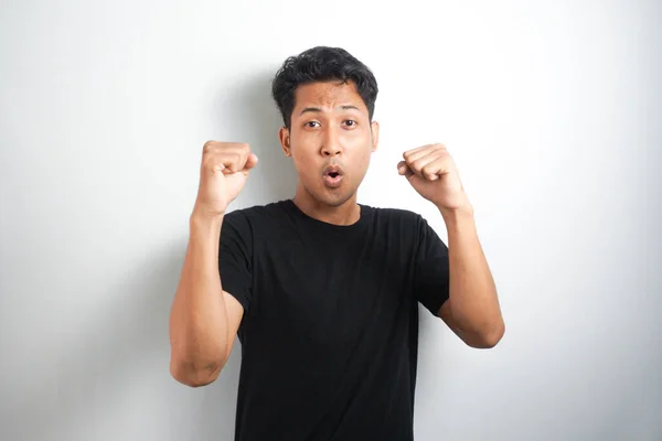 Excited Asian Man Celebrating Success Two Fists Air Isolated White — Stock Photo, Image