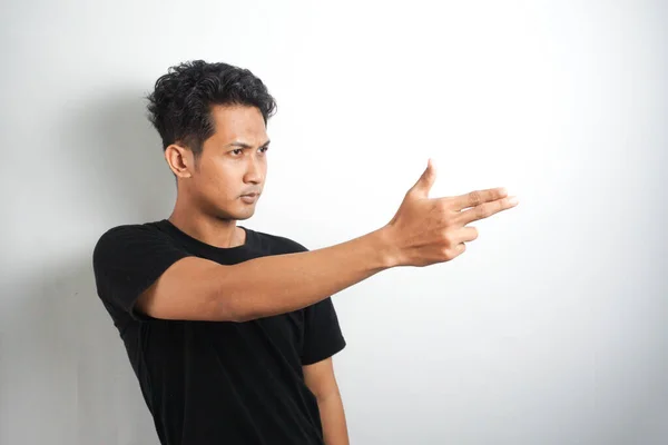 Strange Asian Man Makes Gesture Hands Gun White Background — Stock Photo, Image