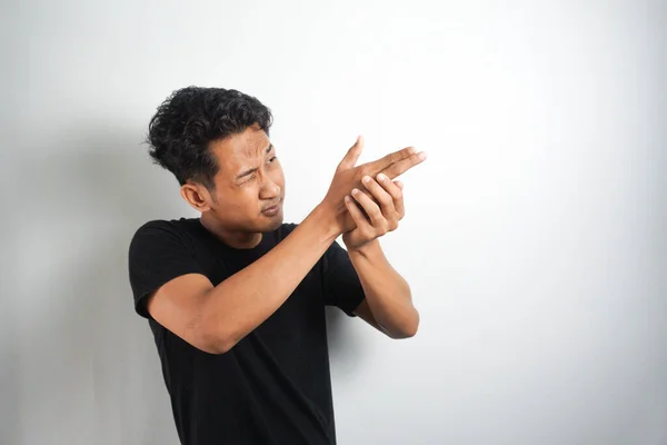 Strange Asian Man Makes Gesture Hands Gun White Background — Stock Photo, Image