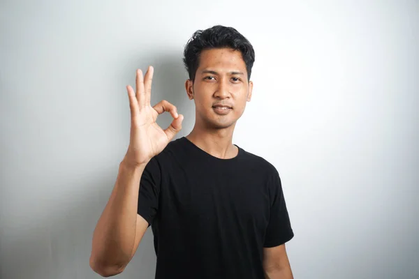 Asian Handsome Man Isolated Background Showing Sign Fingers — Stock Photo, Image