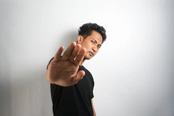 Asian Handsome Man Isolated Background Making Stop Gesture — Stock Photo, Image