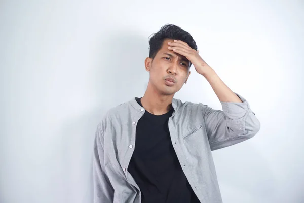 Young Man Shirt Having Doubts Confuse Face Expression While Scratching — Stock Photo, Image