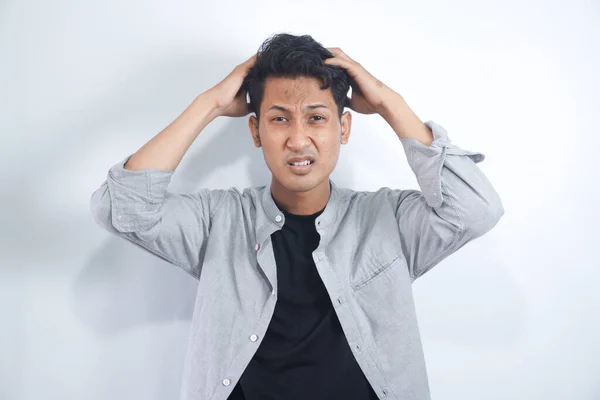 Young Asian Guy Freelancer Suffering Headache Hard Working Day — Stock Photo, Image