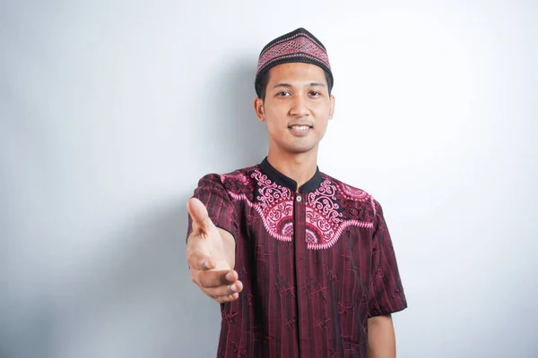 Positive Male Model Koko Shirt Offering Handshake Greeting Welcoming Studio — Stock Photo, Image