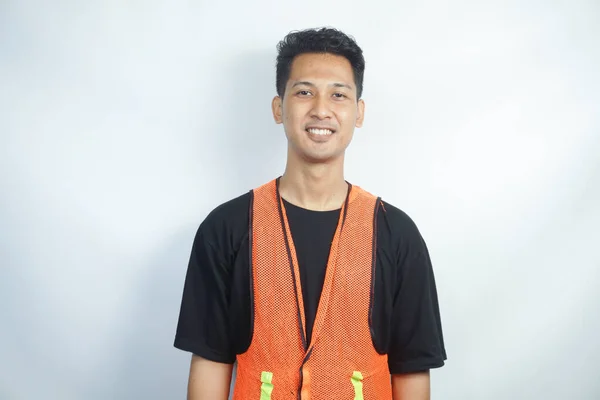 Asiatisk Byggarbetare Man Bär Orange Väst Leende — Stockfoto