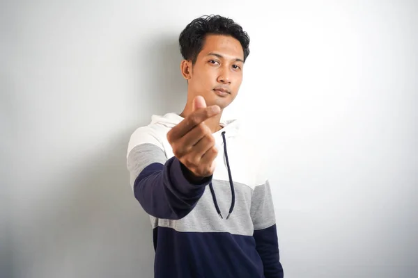 Asijské Muž Pohledný Mladý Úsměv Šťastný Ukazující Srdce Tvarované Ruce — Stock fotografie