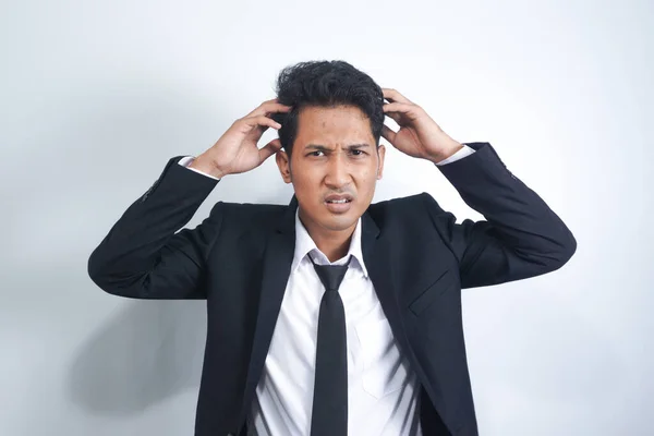 Handsome Asian Young Man Wearing Suit Isolated Background Suffering Headache — Stock Photo, Image