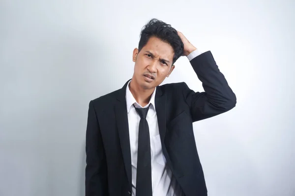Young Handsome Asian Man Wearing Suit Standing White Background Confuse — Stock Photo, Image