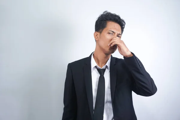 Portrait Bored Confused Handsome Asian Young Man Suit Standing Pinching — Stock Photo, Image