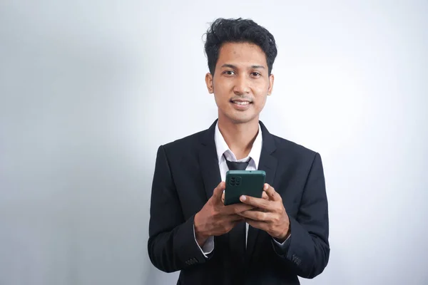 Online Communication Portrait Handsome Asian Businessman Suit Holding Smartphone Young — Stock Photo, Image
