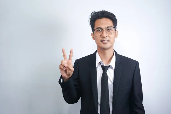 Smiling Cheerful Young Man Showing Two Fingers Victory Sign Close — Stock Photo, Image