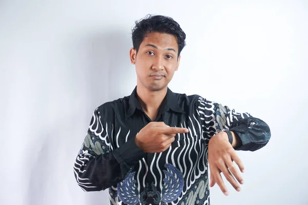 Handsome Asian Man Wearing Batik Shirt Hurry Pointing Watch Time — Stock Photo, Image