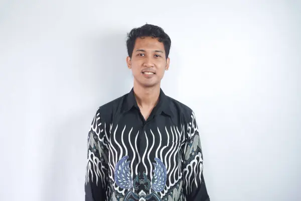 Porträtt Asiatisk Ungdom Leende Och Bär Svart Batik Skjorta Batik — Stockfoto