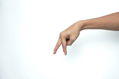 Beyaz arka planda el hareketleriyle izole edilmiş insan görüntüsü.