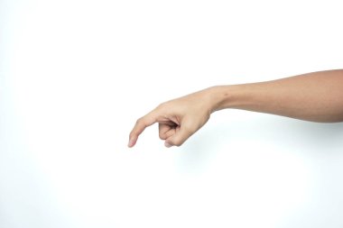 Sağ el parmağı aşağıya, beyaz izole edilmiş.