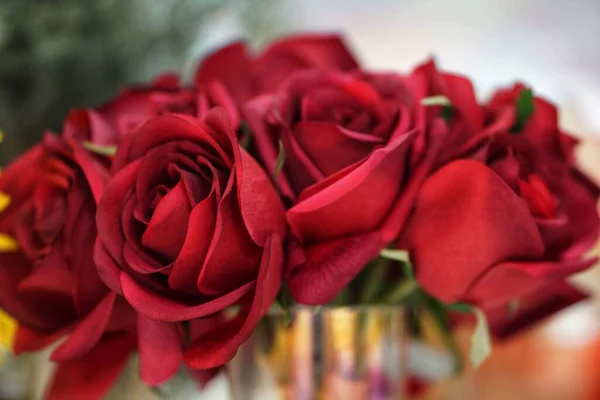 Beautiful natural red roses background. Close up Red plastic roses, involve love and joy. Selective Focus