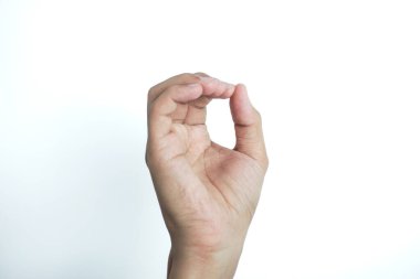 Yuvarlak, delik, sıfır anlamına gelen bir el işareti. beyaz arka planda